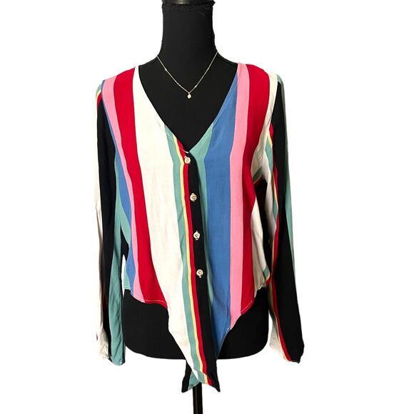 3/$15 Rue 21 Multi Colored Striped Long-sleeved V Neck Blouse - Picture 1 of 8